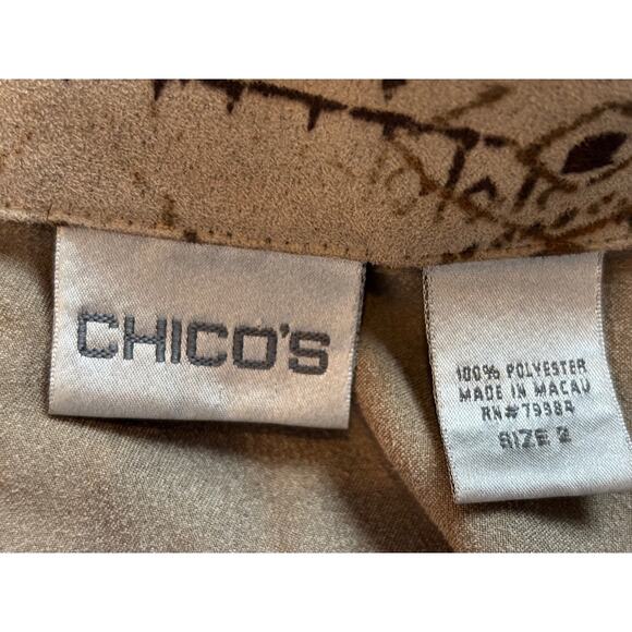 Chico's Short Jacket Soft Faux Suede Feel Petroglyph Graphics 2 Pockets 2 L 12 - Picture 6 of 6
